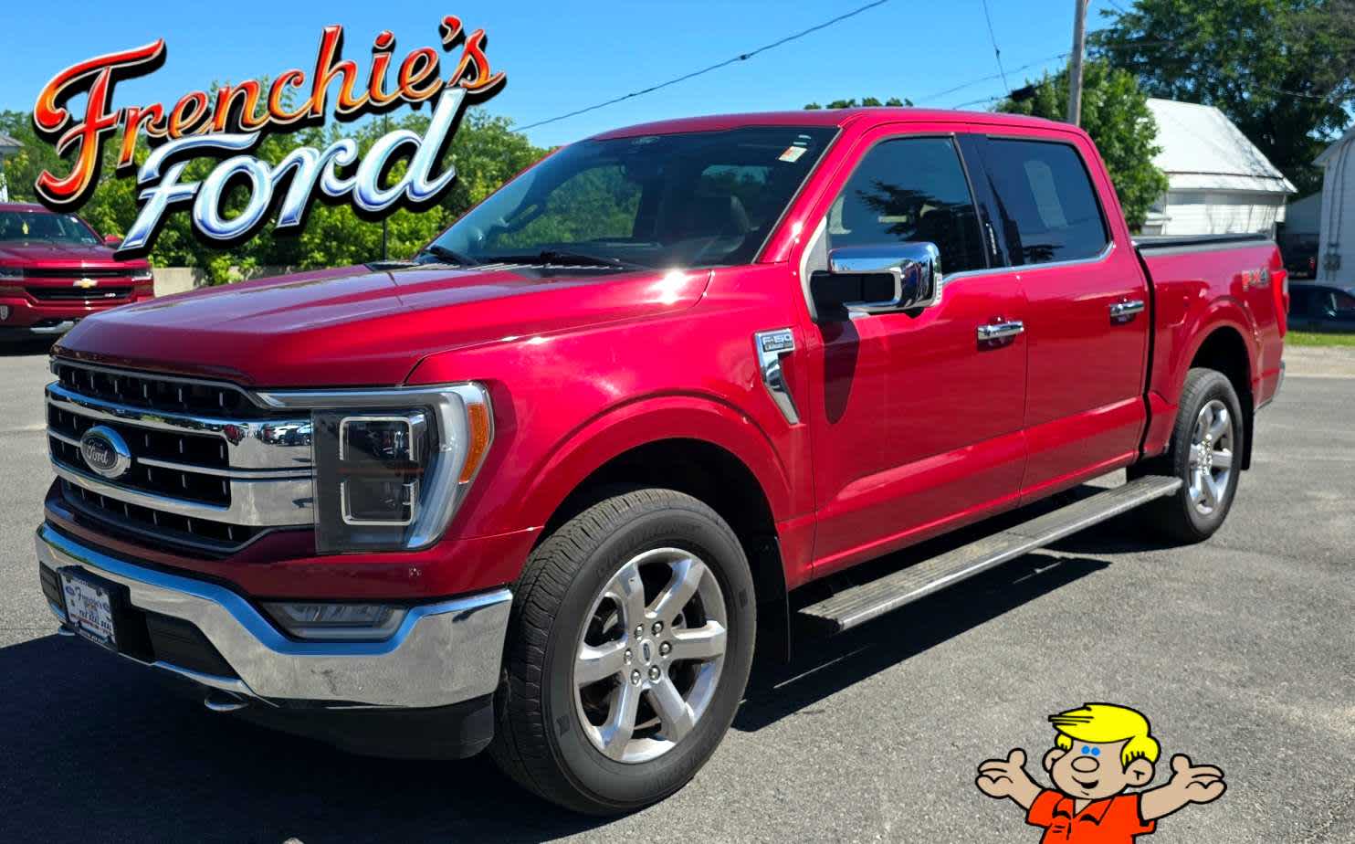 2021 Ford F-150 LARIAT in Rapid Red Metallic Tinted Clearcoat — front three-quarter view