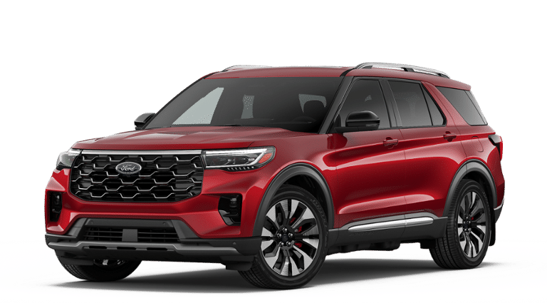 2026 Ford Explorer Platinum in Rapid Red Metallic Tinted Clearcoat — front three-quarter view